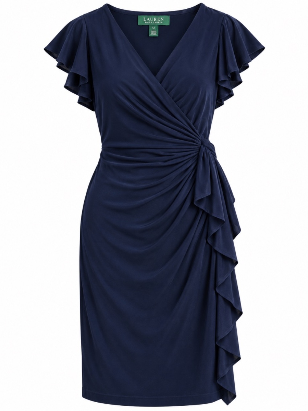 Lauren Ralph Lauren Navy Ruched Ruffle Wrap Dress Size 12 - Picture 4 of 14